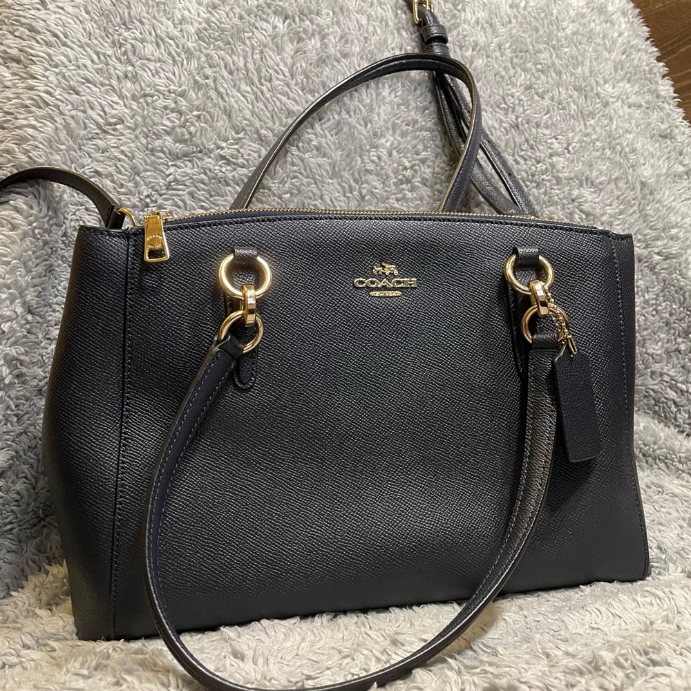 Coach: Dark Blue Leather Medium Crossbody Bag with Handles
